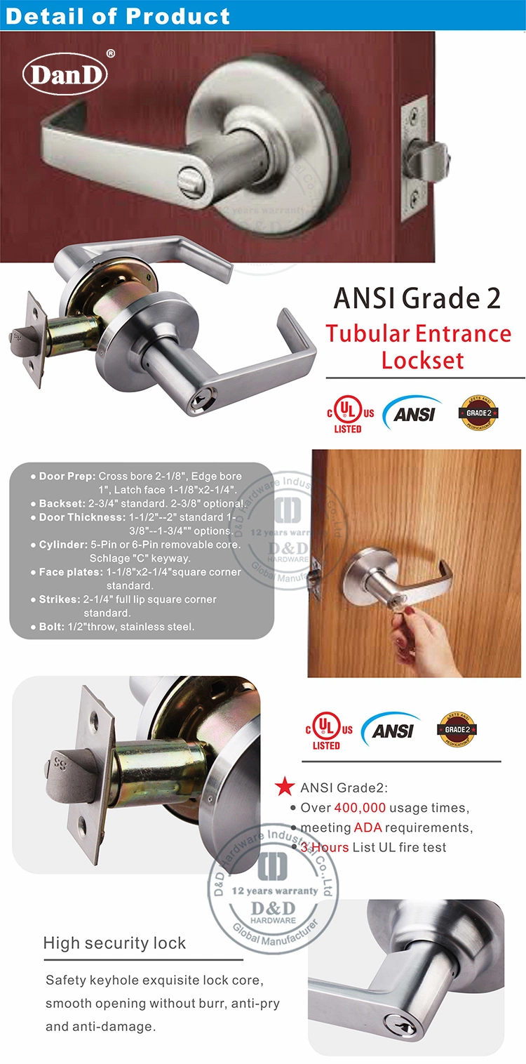 UL Listed ANSI Grade 2 Door Hardware Accessories Interior Door Lever Handle Lock Fire Rated Amercian Style Tubular Lockset